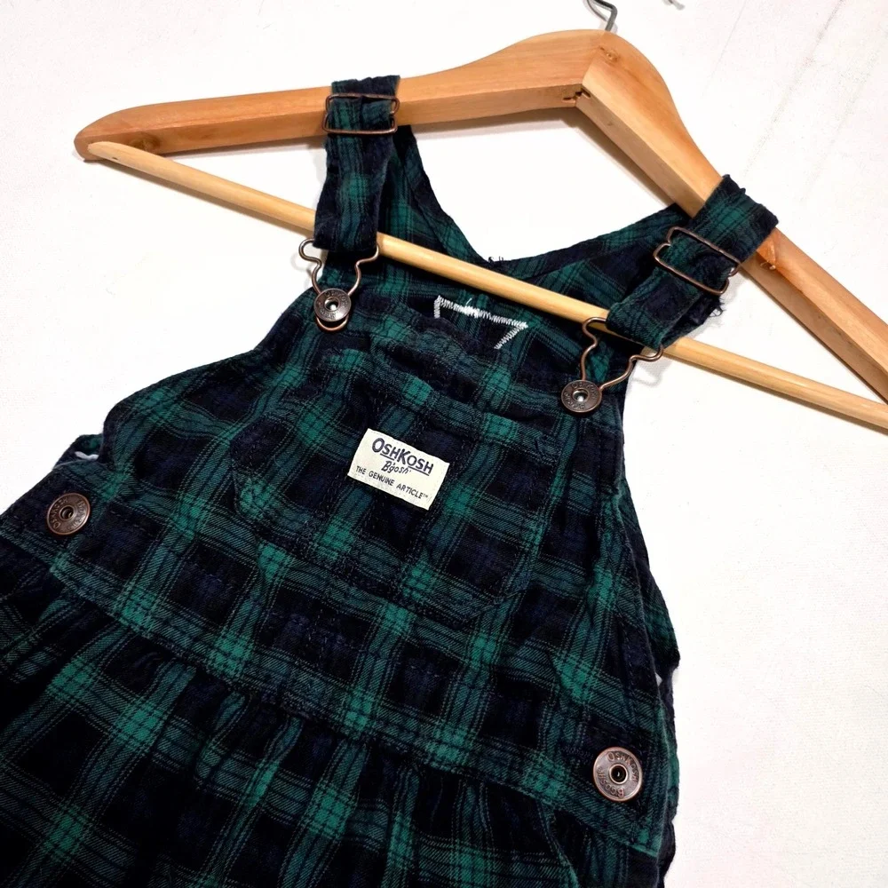 OshKosh B'gosh Plaid Jumper Dress Toddler 4T Green Black Watch Tartan Vestbak